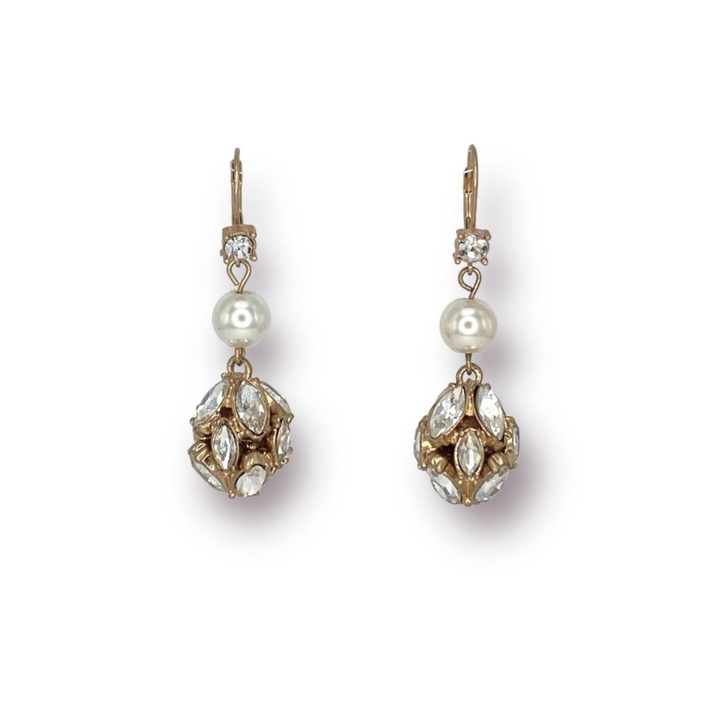 NEW Badgley Mischka Crystal Pendant Drop Gold Pearl Wedding Dangle Earrings Glam